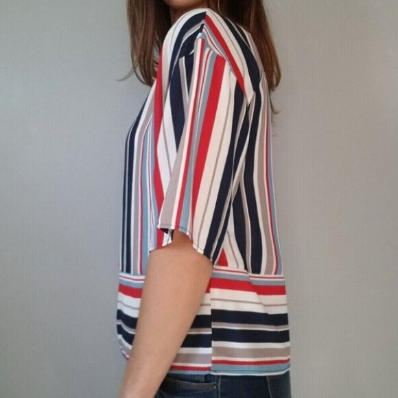 W5 Anthropologie Red White Blue Tan Striped Blouse Women's Size Small - Picture 6 of 12
